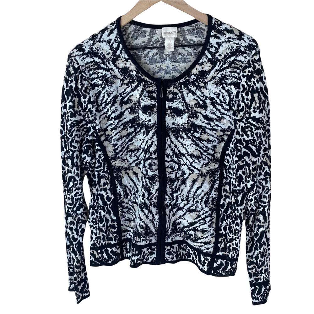 Chico’s Animal Print Black Cream Zipper Cardigan size 3 16 XL - Picture 1 of 10